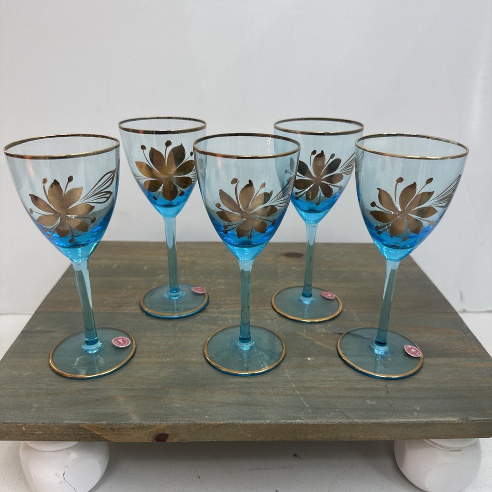 5 Vintage MCM Romanian Aqua Blue Glass Wine Sherry Glasses Gold Flowers & Trim
